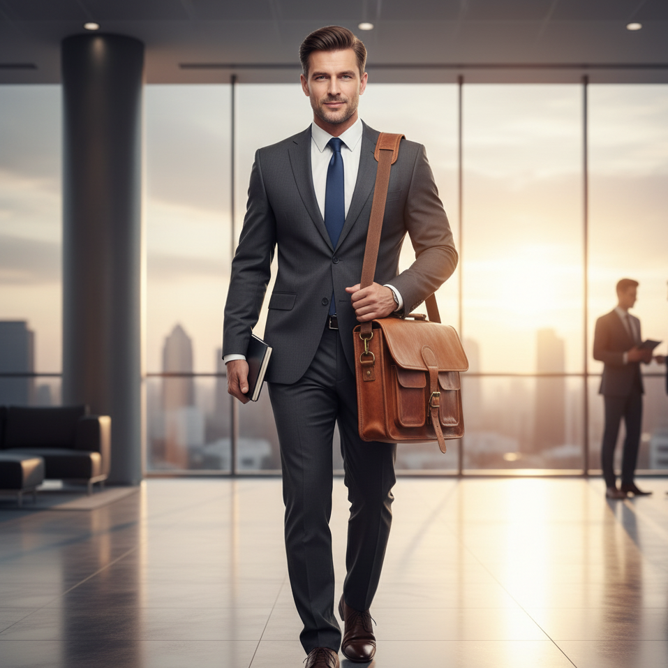 Man in a suit holding a brown leather bag in an office setting