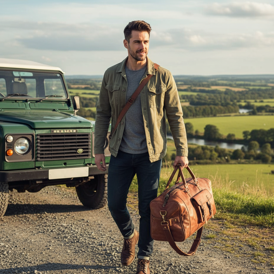 Man walking with a brown leather bag in a scenic countryside setting with a green vehicle.
