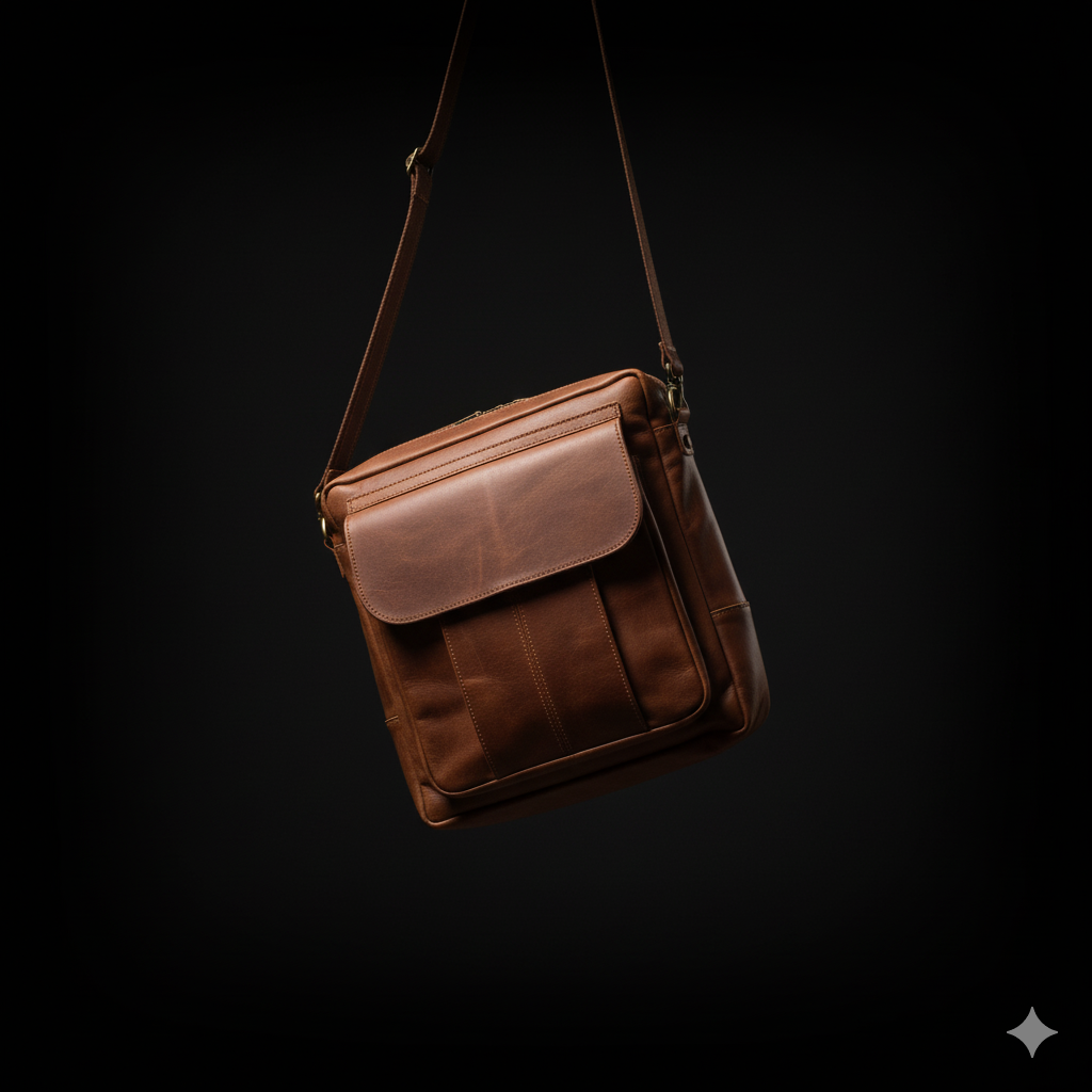 Brown leather bag on a black background